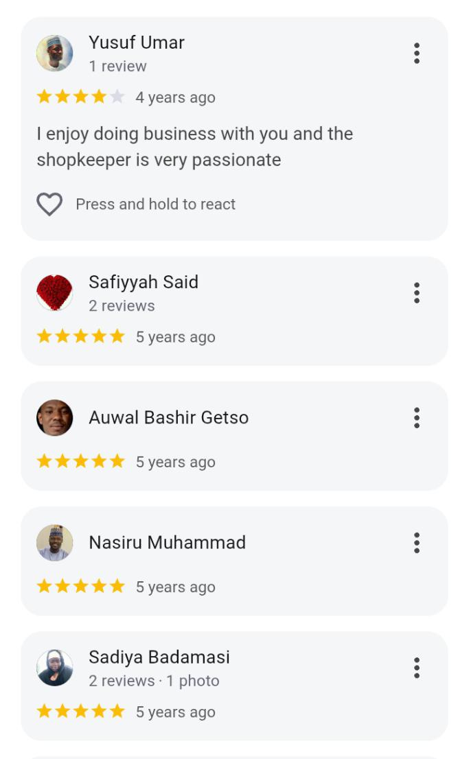 Customer reviews - Yusuf Umar, Safiyyah Said, Auwal Bashir Getso, Nasiru Muhammad, Sadiya Badamasi